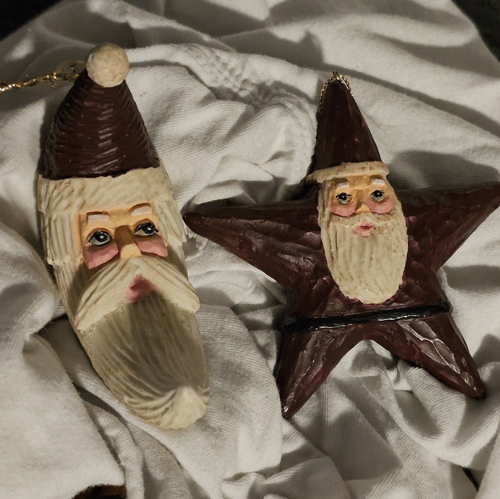 Vtg Rustic Santa Carved Christmas Ornaments Moon Star Country Farm Old Fashioned